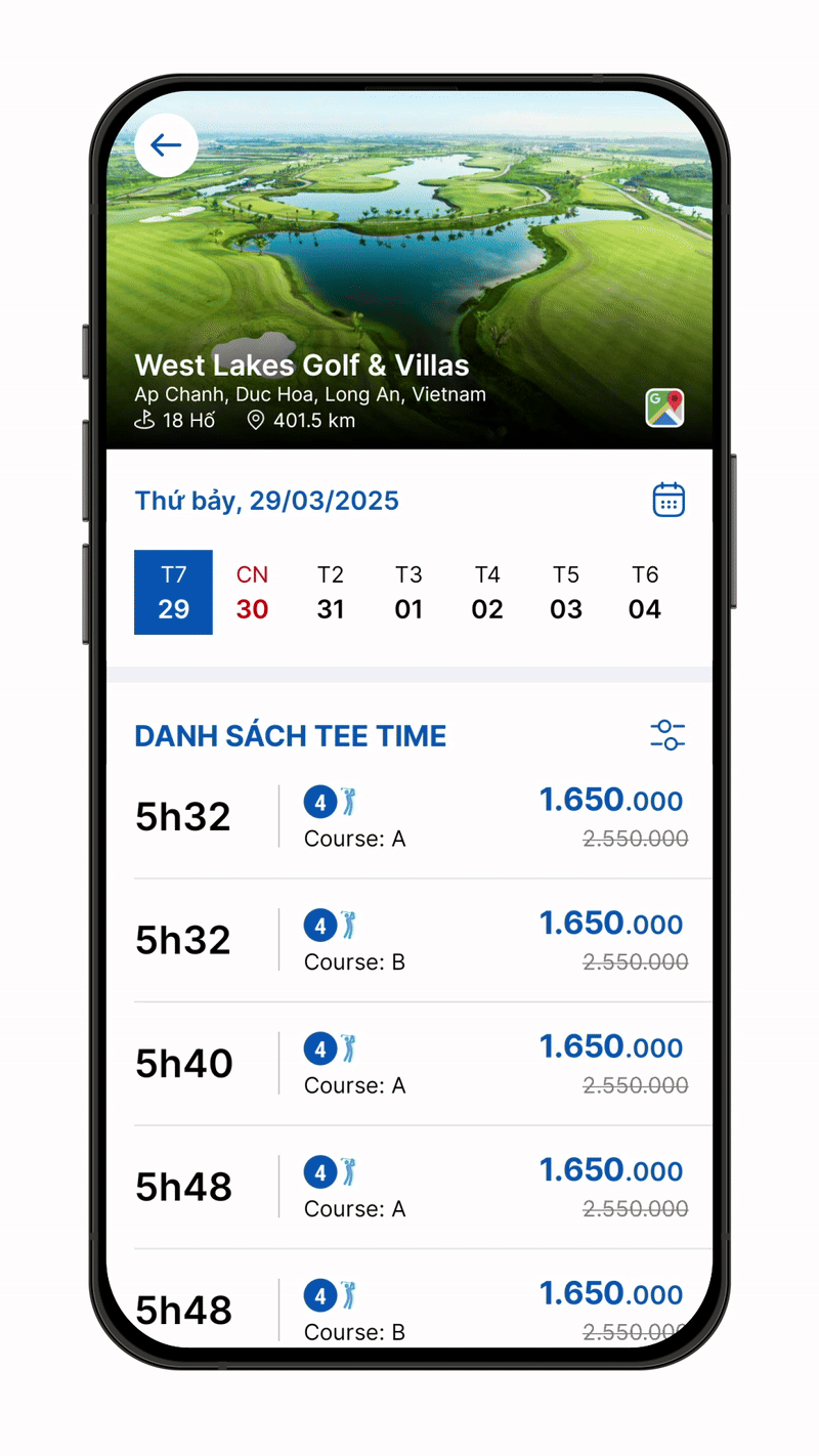 Chọn ngày - hot deal - tee time trong Gonta