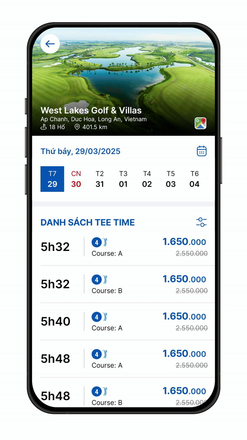 Chọn ngày - hot deal - tee time trong Gonta